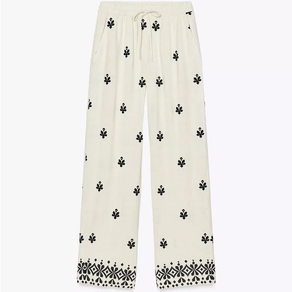 Zara Embroidered Wide Leg Pants New